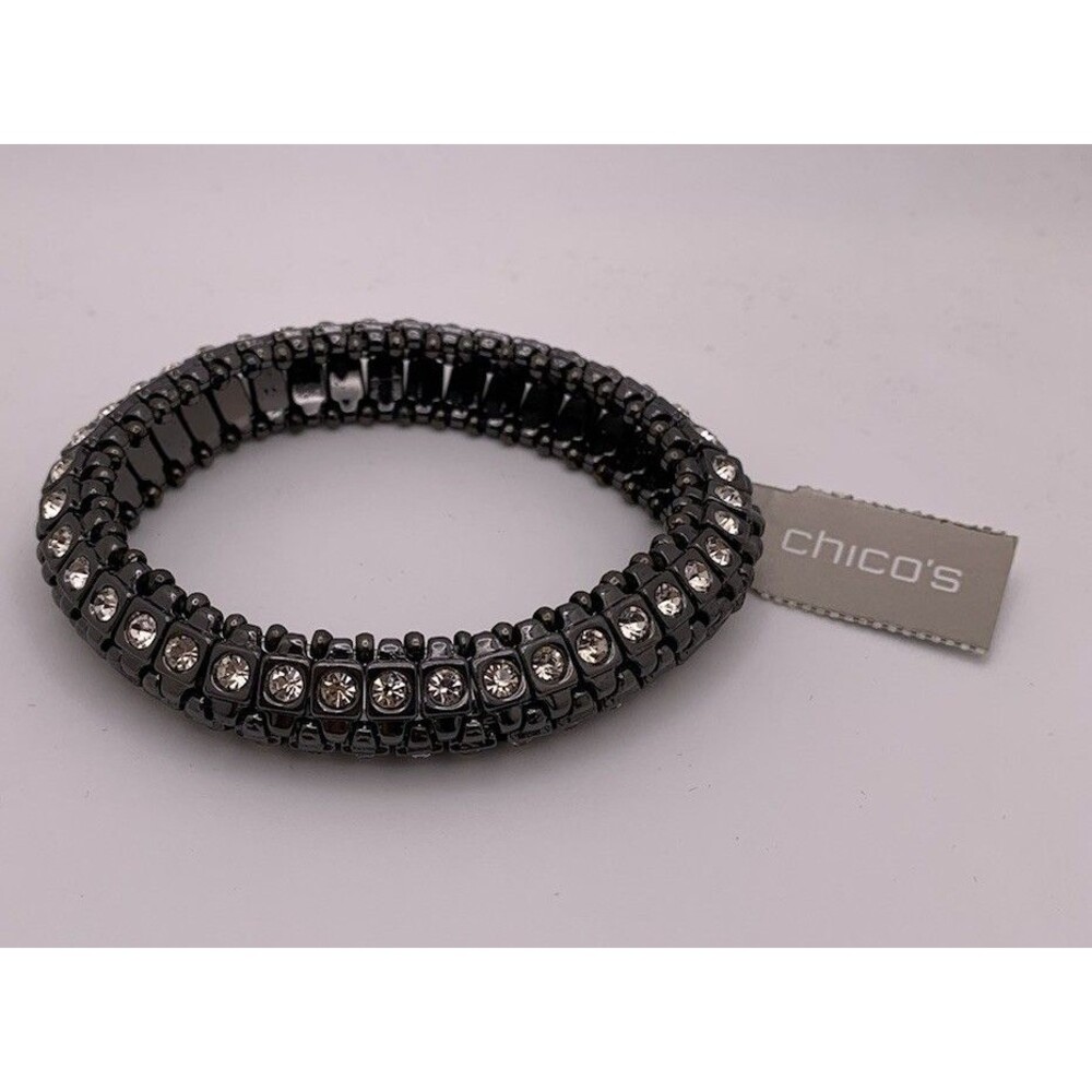 Chicos Stretch Bracelet Black Gunmetal Tone With Rhinestones 2 Row New NWT